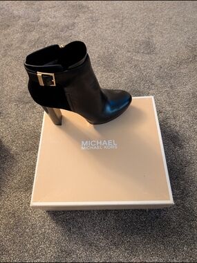MICHAEL Michael Kors Black Leather & Suede Ankle Boot with Gold Buckle